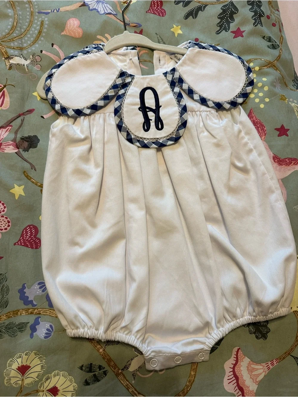 White 18M Bubble Romper with Navy Gingham Trim and Navy ‘A’ Monogram